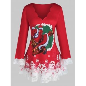 

Plus Size Christmas Santa Claus Scalloped Lace Hem Tee, Red wine