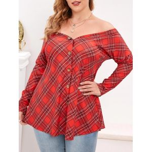 

Wide V-neck Plaid Button Up Plus Size Top, Red