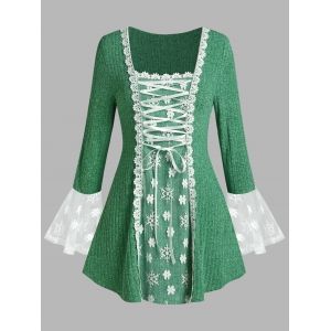 

Plus Size Lace-up Flare Sleeve Floral Applique Lace Tunic Sweater, Green