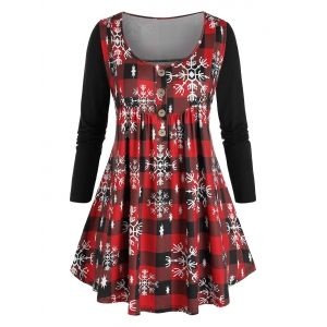 

Plus Size Christmas Plaid Snowflake Curved Hem Tunic Tee, Red