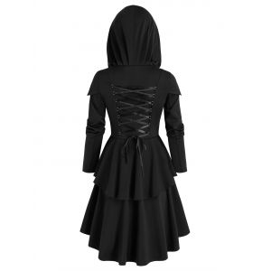 

Hooded Lace-up layered High Low Skirted Coat, Black