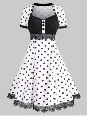 Polka Dot Lace Trim Buttoned Vintage Dress