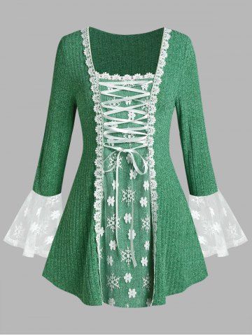 Plus Size Lace-up Flare Sleeve Floral Applique Lace Tunic Sweater - GREEN - L