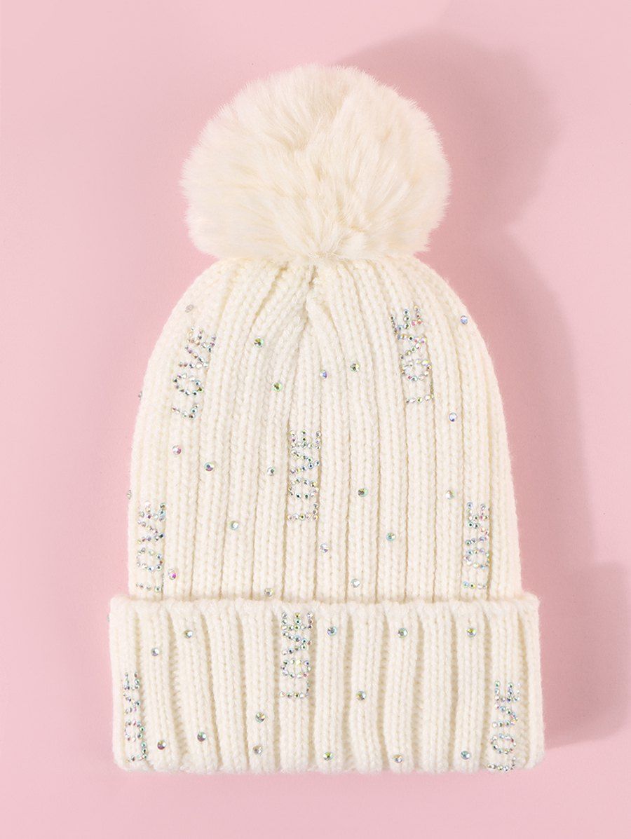 

Rhinestone Letter Plush Knitted Bubble Hat, Milk white