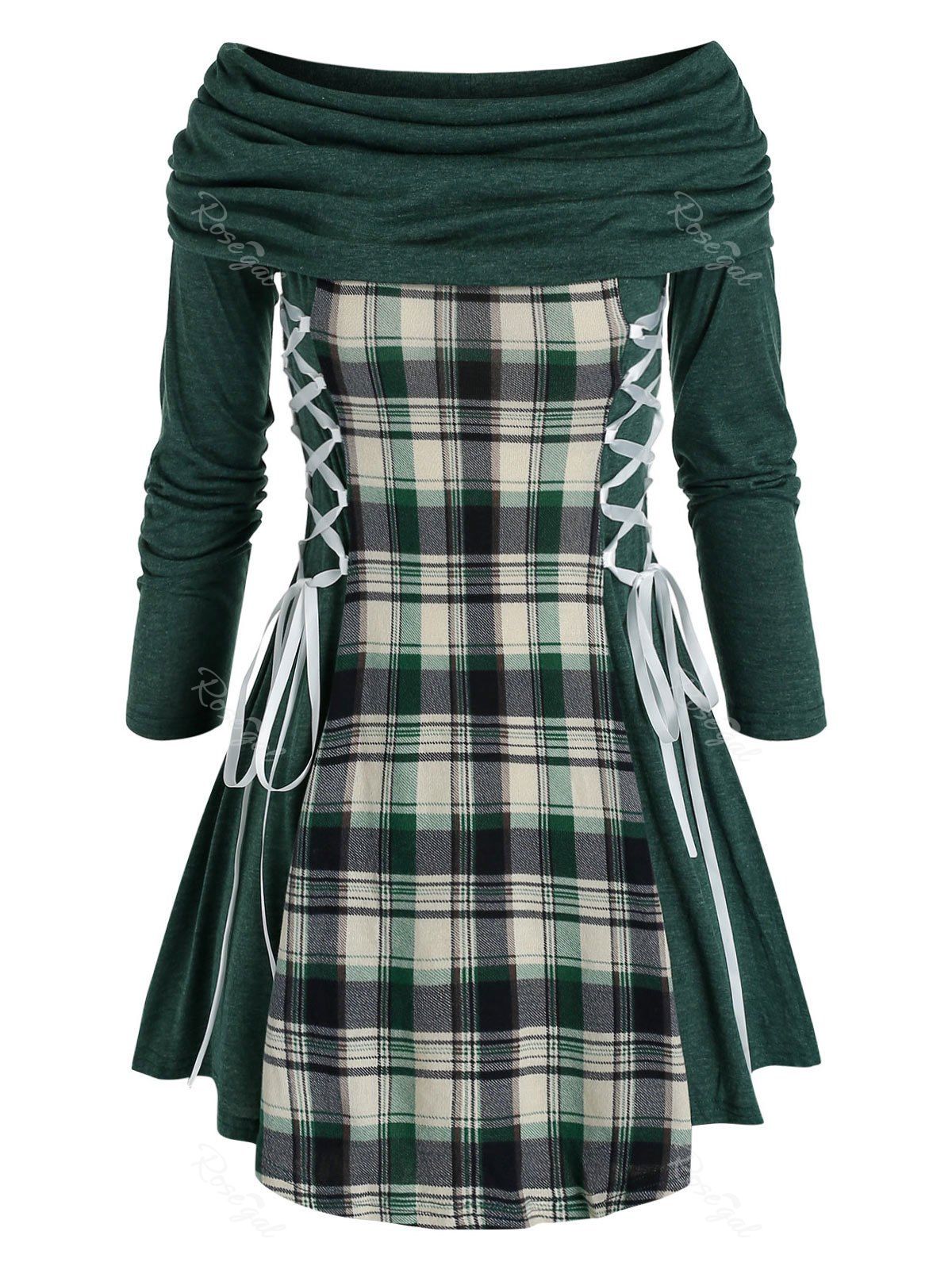 

Plus Size Lace Up Foldover Plaid T Shirt, Deep green