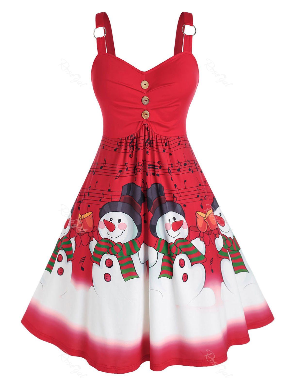 Store Plus Size Christmas Snowman Musical Notes Ring Ruched Dress  