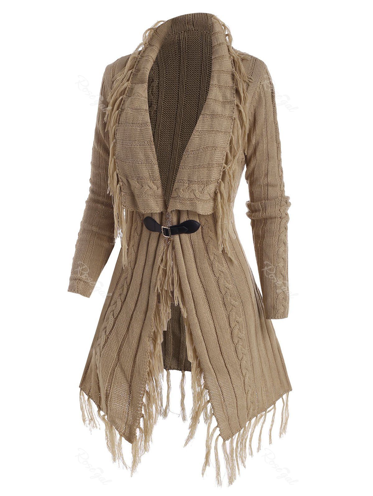 

Tassel Buckle Front Longline Cardigan, Light coffee