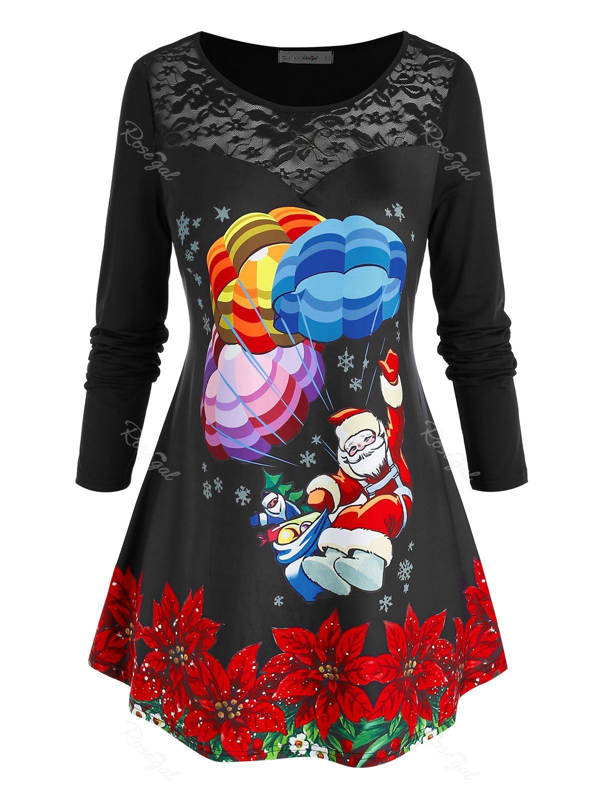 Sale Plus Size Santa Claus Parachute Print Christmas T Shirt  
