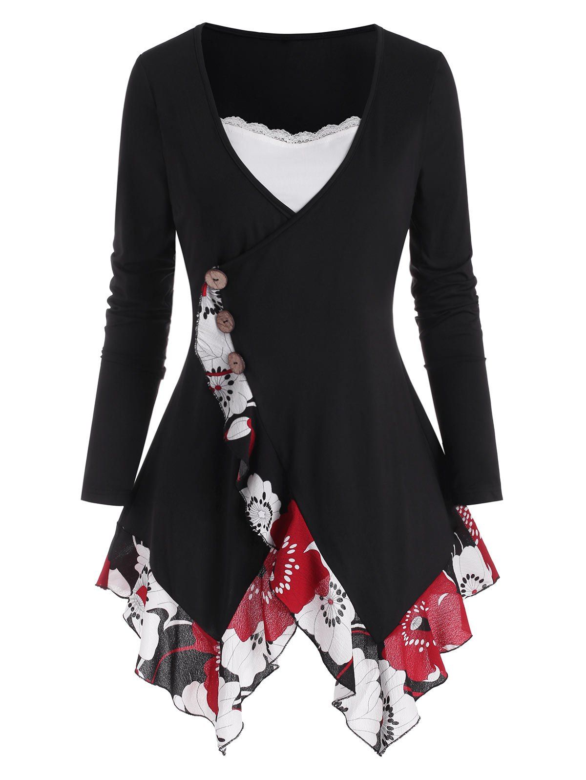 

Lace Panel Ruffle Floral Mock Button Twofer T Shirt, Black