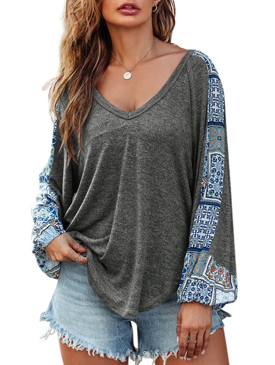 

Heathered Printed Panel V Neck Knitwear, Gray