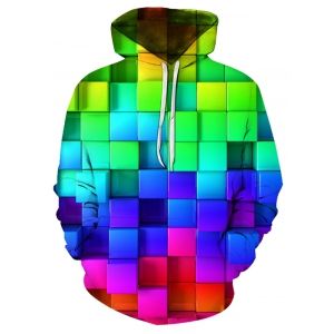 

Colorful Block 3D Print Kangaroo Pocket Hoodie, Multi