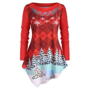 

Plus Size Crisscross Christmas Printed Asymmetric T Shirt, Red