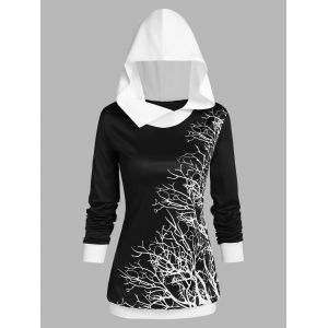 

Contrast Color Tree Print Hoodie, Black