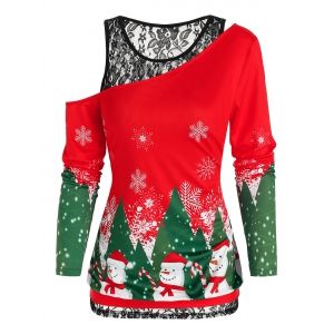 

Christmas Printed Skew Neck Tee and Lace Tank Top Twinset, Red