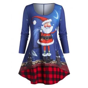 

Plus Size Santa Printed Plaid Panel T Shirt, Red