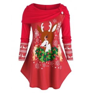 

Plus Size Christmas Funny Elk Snowflake Foldover Tunic Tee, Multi a