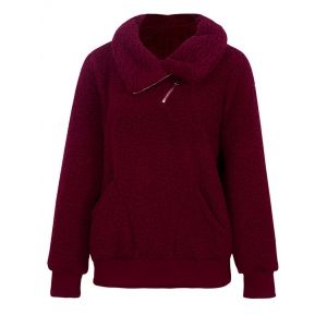 

Plus Size Pockets Half Zipper Teddy Sweatshirt, Deep red