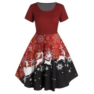 

Plus Size Snowflake Elk Print Christmas Dress, Red wine