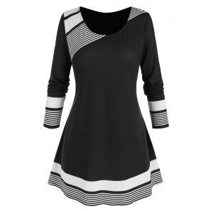

Plus Size Colorblock Striped Asymmetric T Shirt, White