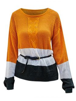 Slit Colorblock High Low Textured Sweater - YELLOW - M