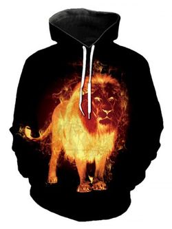 Fire Lion Print Kangaroo Pocket Hoodie - BLACK - M