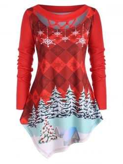 Plus Size Crisscross Christmas Printed Asymmetric T Shirt - RED - 3X