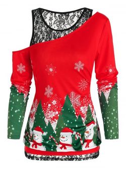 Christmas Printed Skew Neck Tee and Lace Tank Top Twinset - RED - L