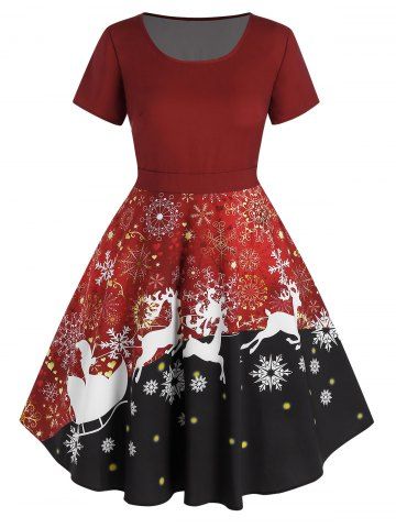 Vestido de Navidad de impresión de copo de nieve - RED WINE - L