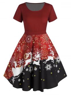 Plus Size Snowflake Elk Print Christmas Dress - RED WINE - L