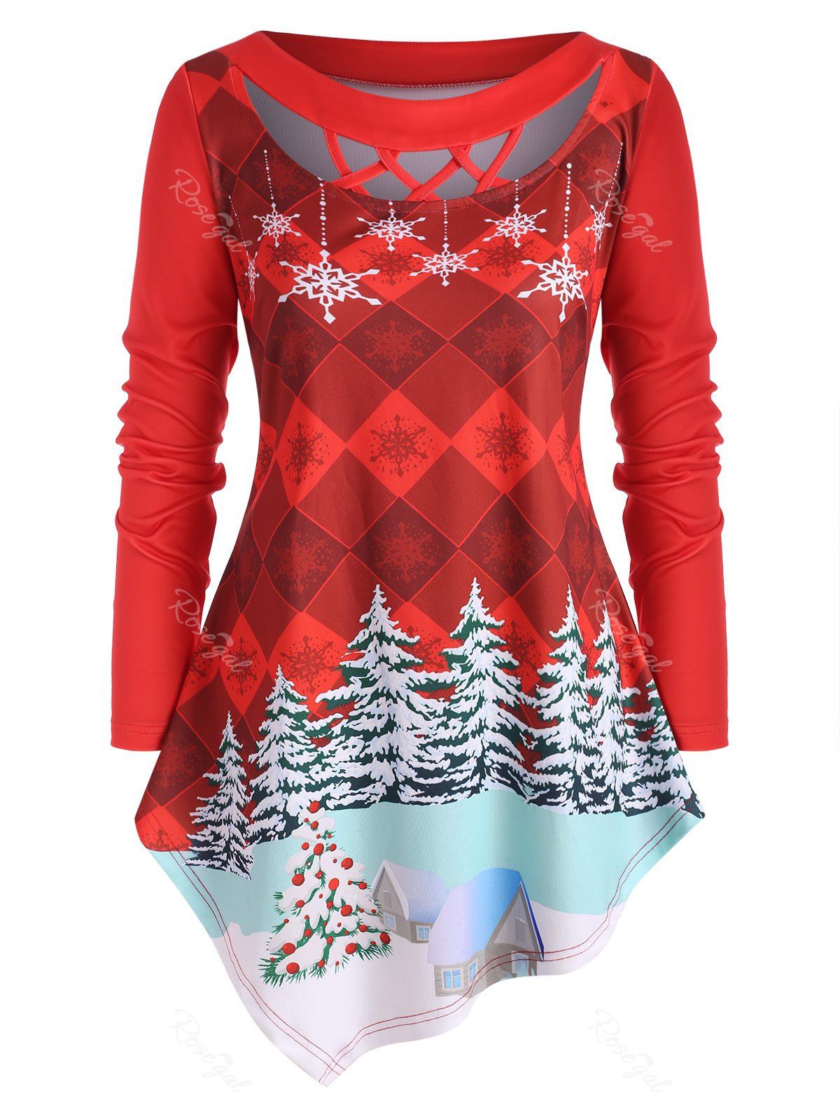 Buy Plus Size Crisscross Christmas Printed Asymmetric T Shirt  