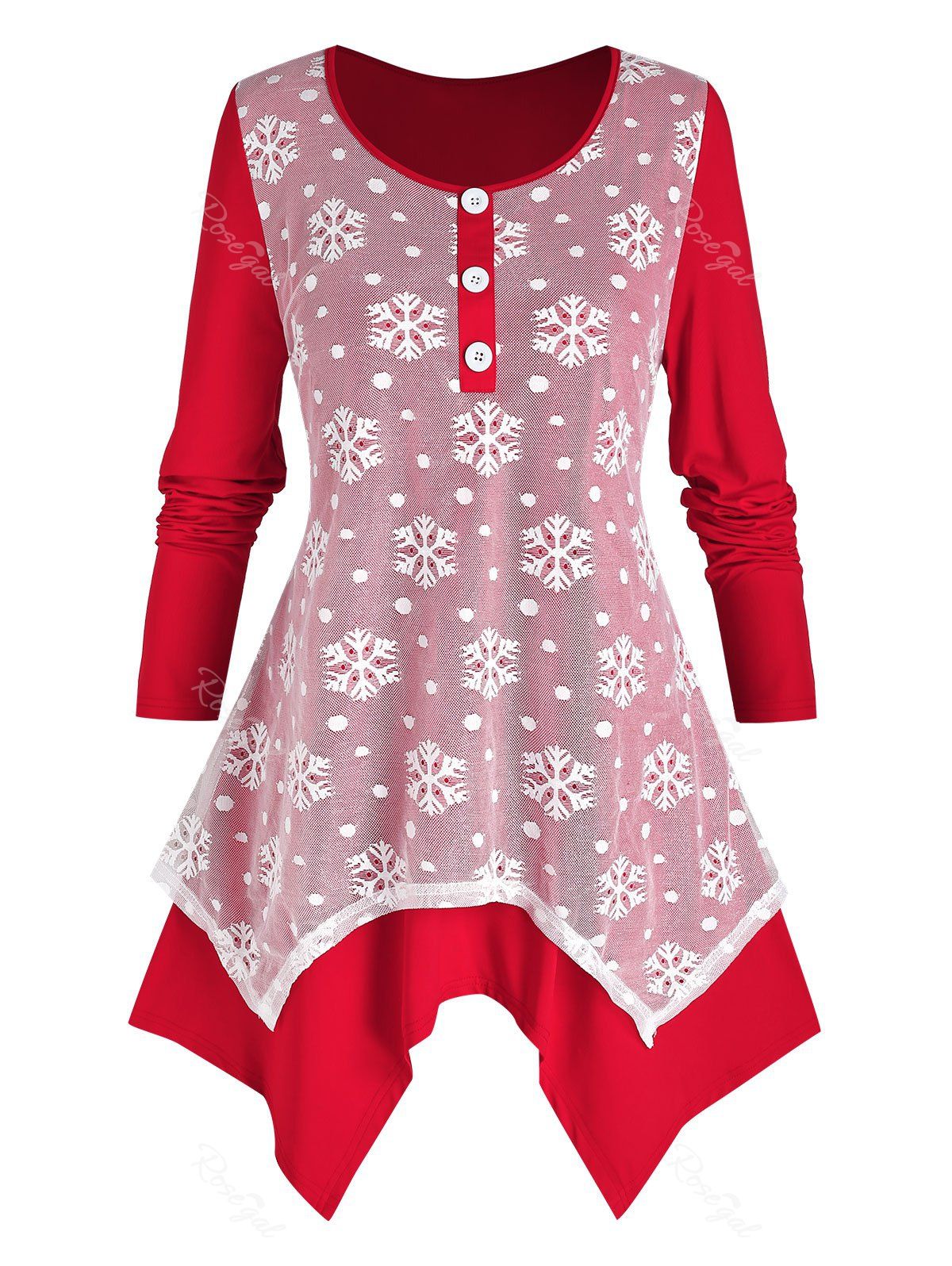 

Plus Size Christmas Lace Snowflake Handkerchief Long Sleeve Tee, Red