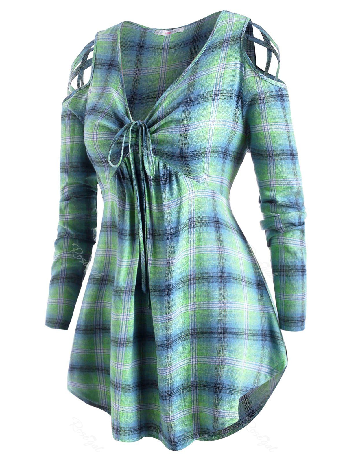 

Plaid Cinched Front Strappy Cold Shoulder Plus Size Top, Green