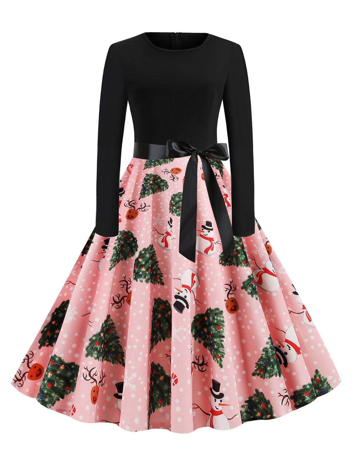 

Snowman Elk Dotted Christmas Tree Belted Dress, Light pink