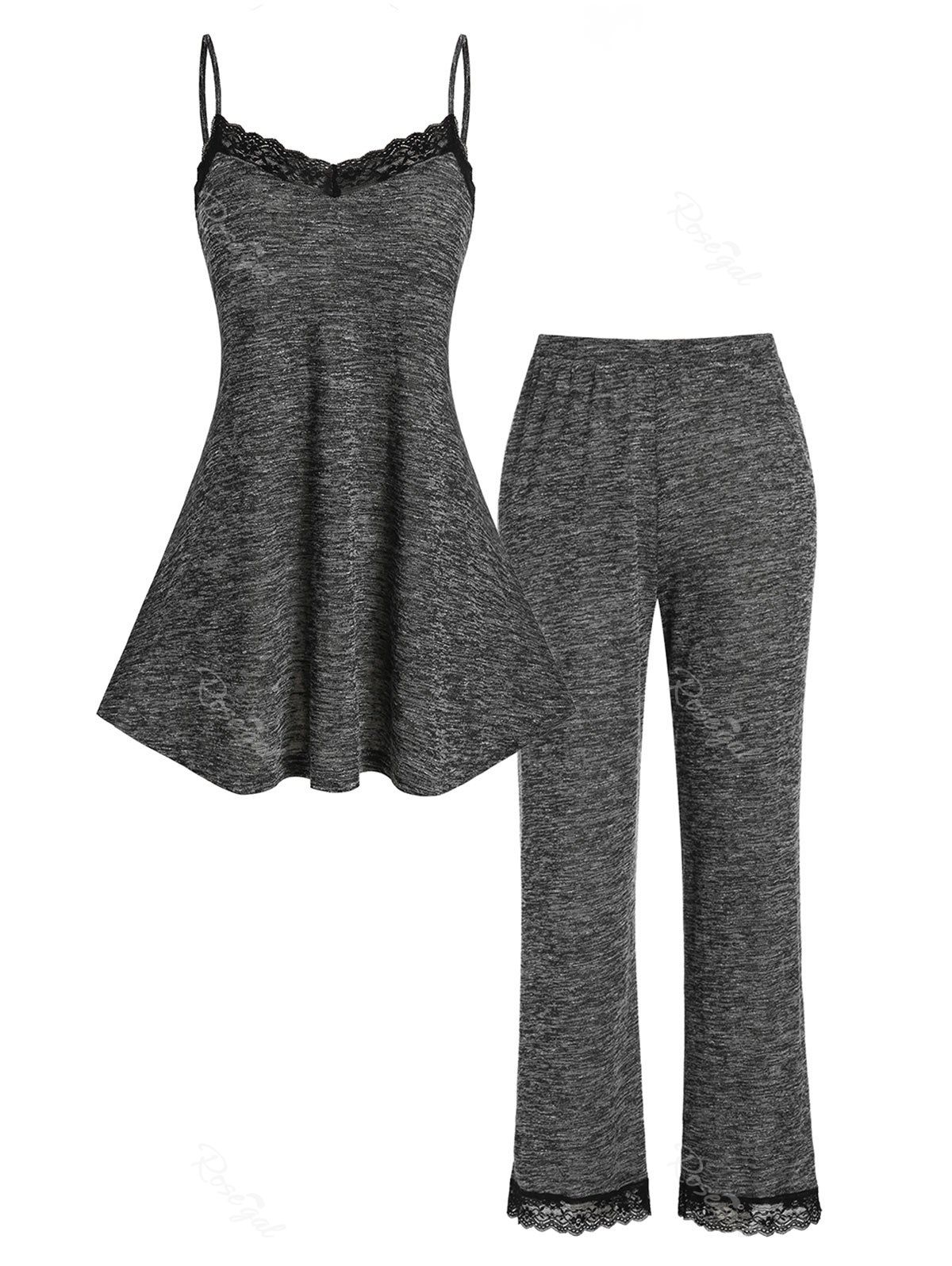 

Plus Size Marled Eyelash Lace Pants Pajama Set, Gray