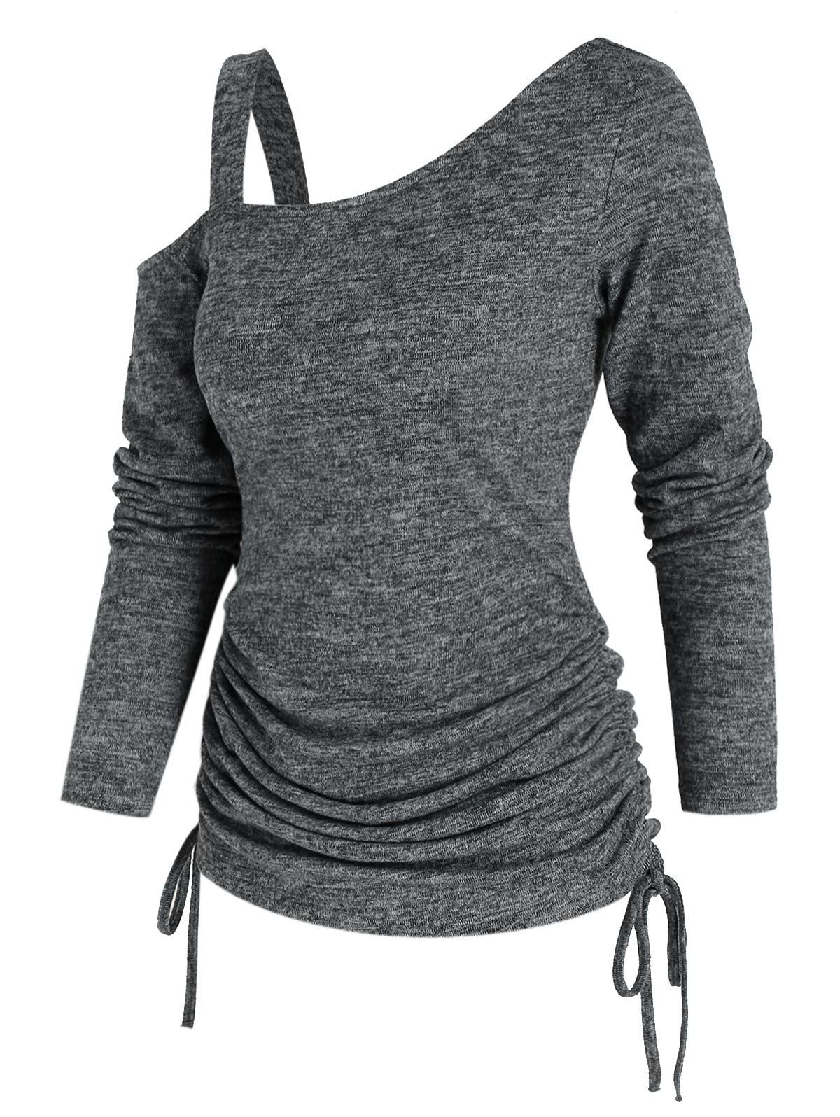 

Drawstring Solid Skew Collar Sweater, Ash gray