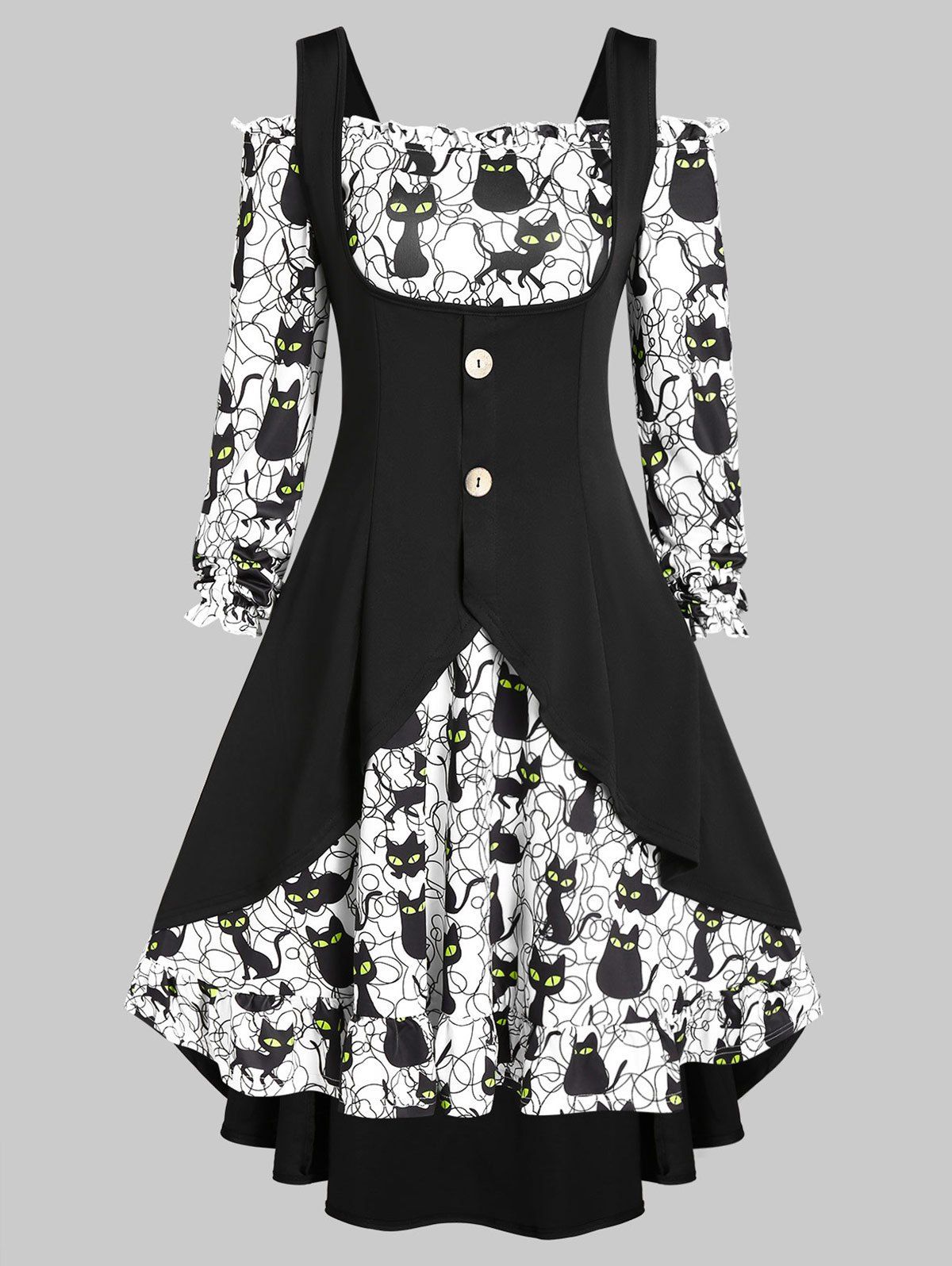 

Off The Shoulder Halloween Cat Print Dress and Buckles Top Set, Black