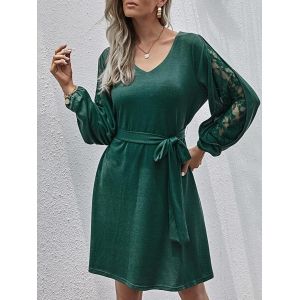 

V Neck Knit Lace Panel Split Sleeve Belted Dress, Deep green