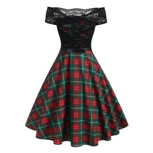 

Lace Insert Off Shoulder Plaid Belted Dress, Multi