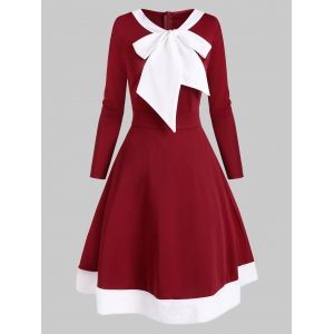 

Christmas Pussybow Faux Fur Insert Colorblock Dress, Red