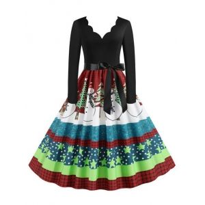 

Scalloped Belted Plaid Snowman Christmas Tree Plus Size Dress, Green