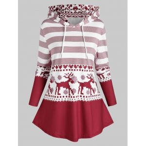 

Plus Size Christmas Elk Striped Snowflake Curved Hem Hoodie, Deep red