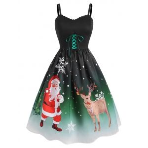 

Christmas Santa Claus Cat Print Lace-up Lace Panel Dress, Deep green