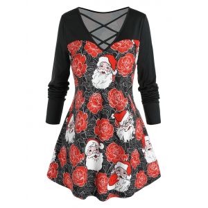 

Plus Size Christmas Flower Claus Lattice Cross Long Sleeve Tee, Multi a