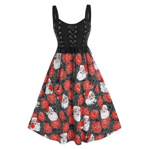 

Plus Size Christmas Claus Flower Lace-up A Line Backless Dress, Black