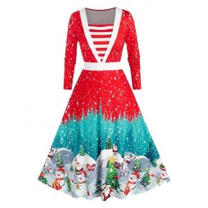 

Plus Size Christmas Snowflake Snowman A Line Midi Dress, Red