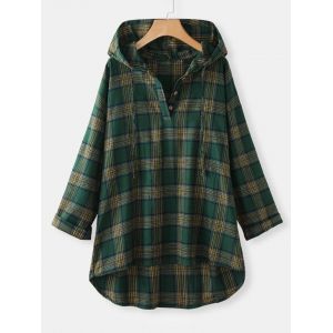 

Plus Size Plaid Hooded High Low Top, Green