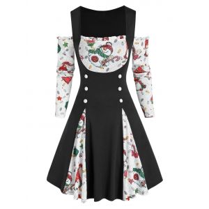 

Christmas Santa Claus Snowman Gift Print Twofer Dress, Black