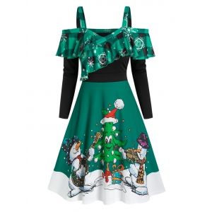 

Cold Shoulder Ruffled Christmas Printed Dress, Deep green