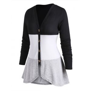 

V Neck Button Up Colorblock Plus Size Cardigan, Black