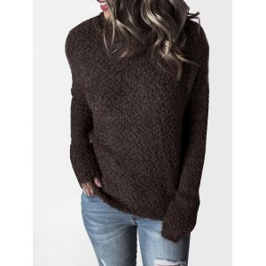 

Mock Neck Boucle Knit Plain Sweater, Deep coffee